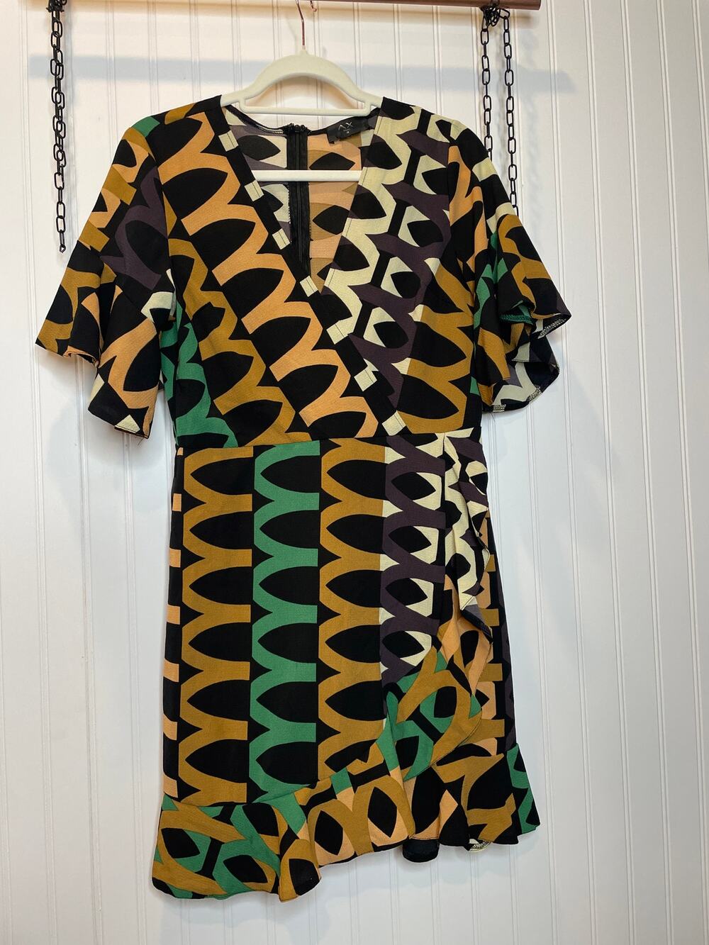 AX Paris Green Black Green Aztec Printed Day Mini Wrap Dress Ruffled Size S